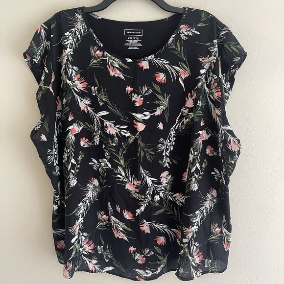 Van Heusen Floral Top Womens Plus Size XXL Mix Media Flowy Black Short Sleeves - Picture 7 of 7